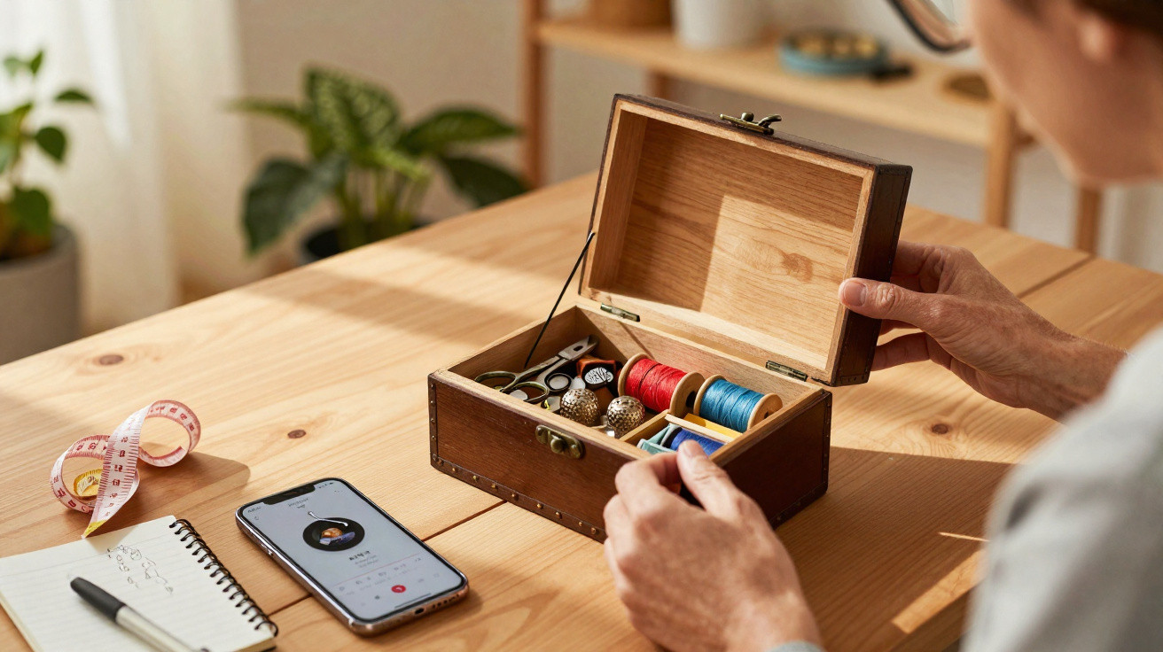 Person opening a wooden box filled with sewing supplies on a table with phone, notebook, and measuring tape nearby.