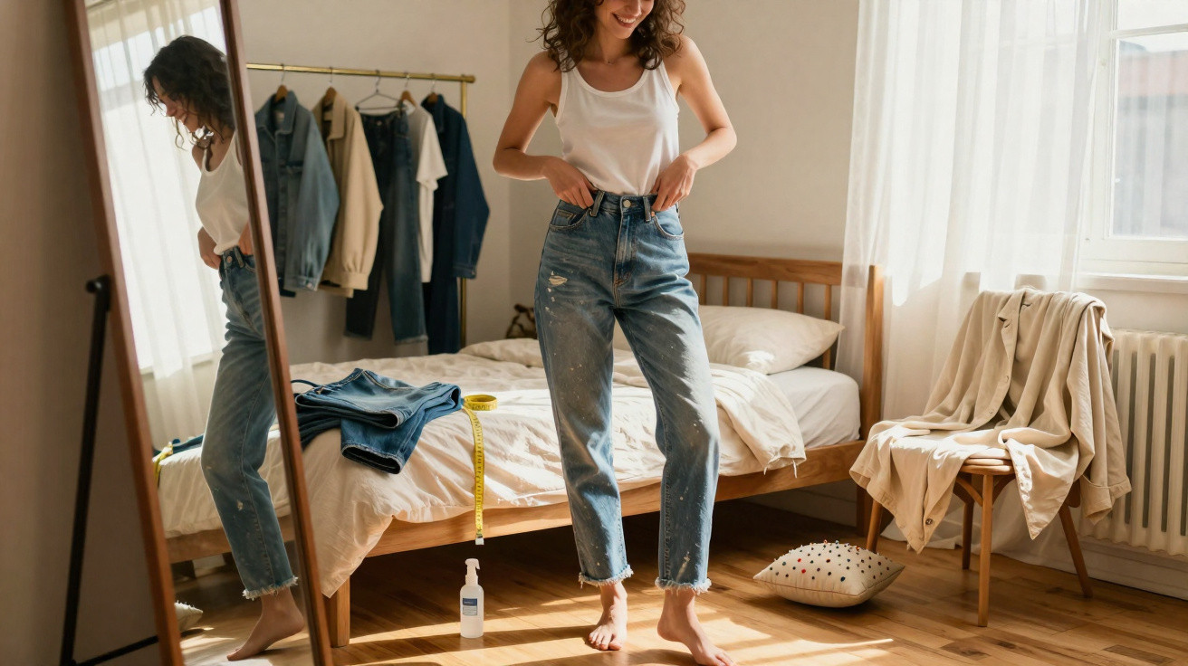 Woman in a white tank top trying on blue jeans in a sunlit bedroom with clothes and a mirror nearby.