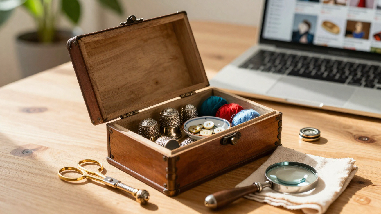 Wooden box with sewing kit including thread, buttons, thimbles, a magnifying glass, and scissors on a wooden table.