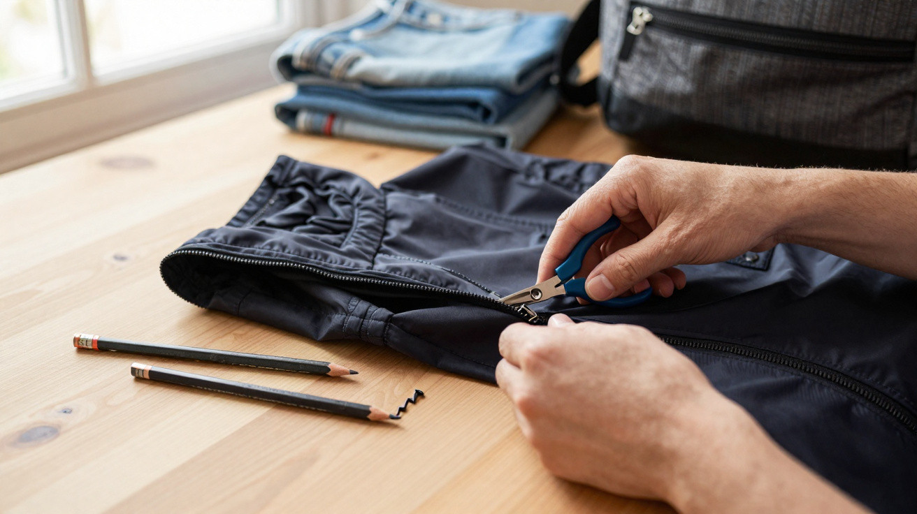 Person using pliers to fix a broken zipper on navy blue jacket on a wooden table with pencils and folded jeans nearby