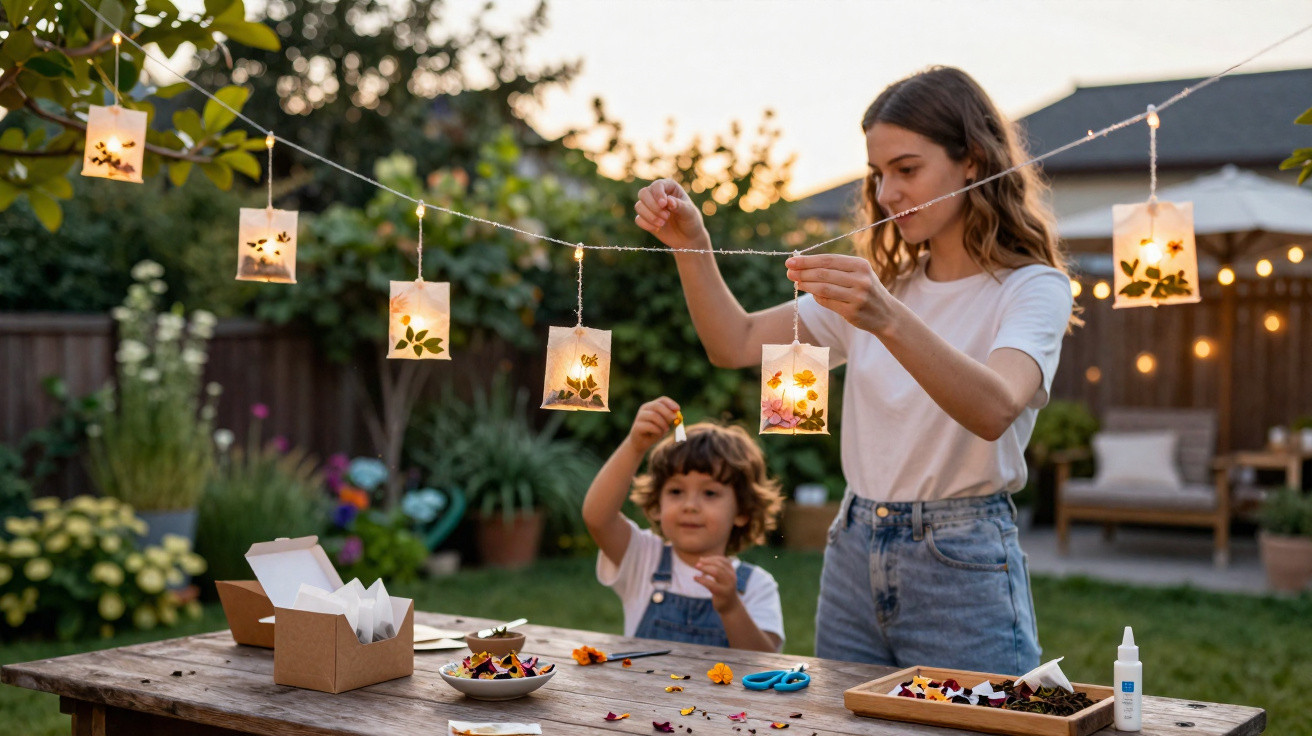 Woman and child hanging glowing leaf-patterned lanterns outdoors at sunset in a garden.