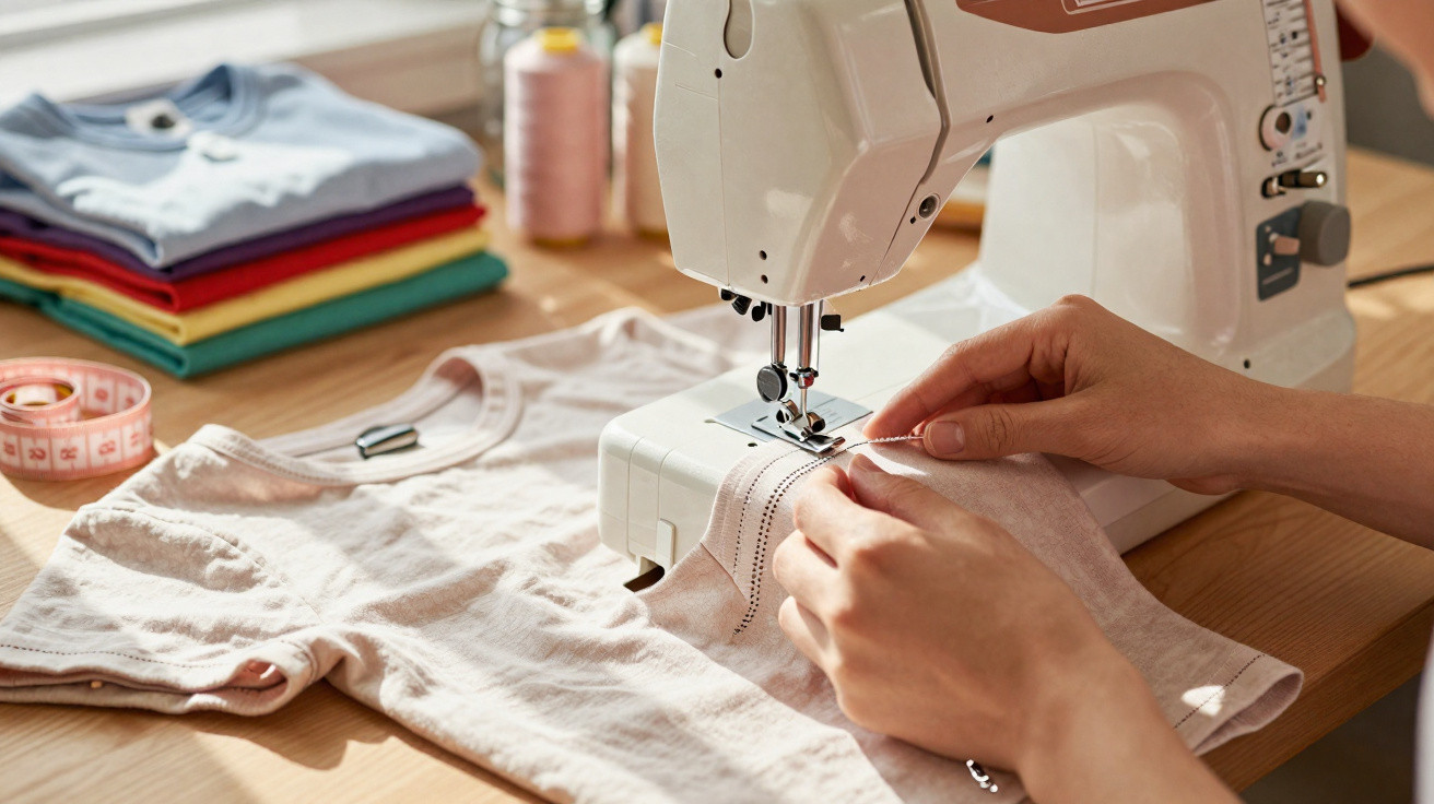 Hands using a sewing machine to stitch a light beige t-shirt on a wooden table with folded clothes in the background.
