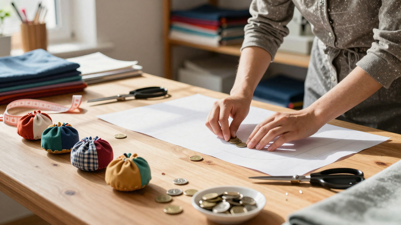 Person arranging coins on a paper pattern in a sewing workshop with fabric and sewing tools nearby.