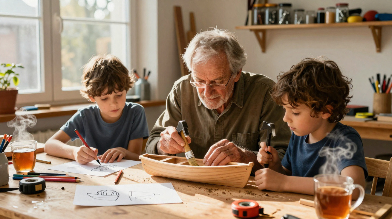 Elderly man and two boys crafting a wooden boat with tools and drawings on a sunlit table at home.