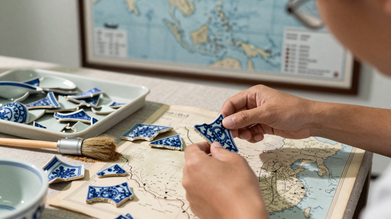 Hands assembling blue and white ceramic fragments on a map with a brush and tray nearby.