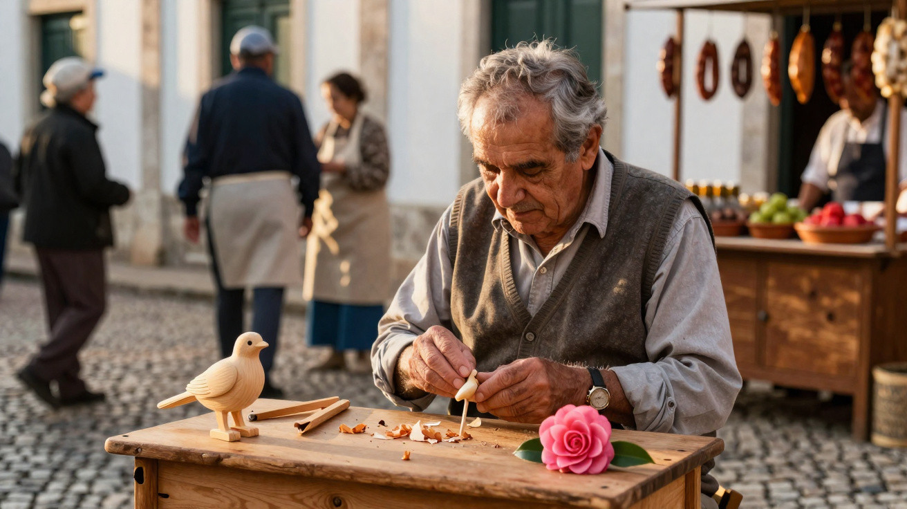 Elderly man carving wood at outdoor market stall with wooden bird and pink flower on table.