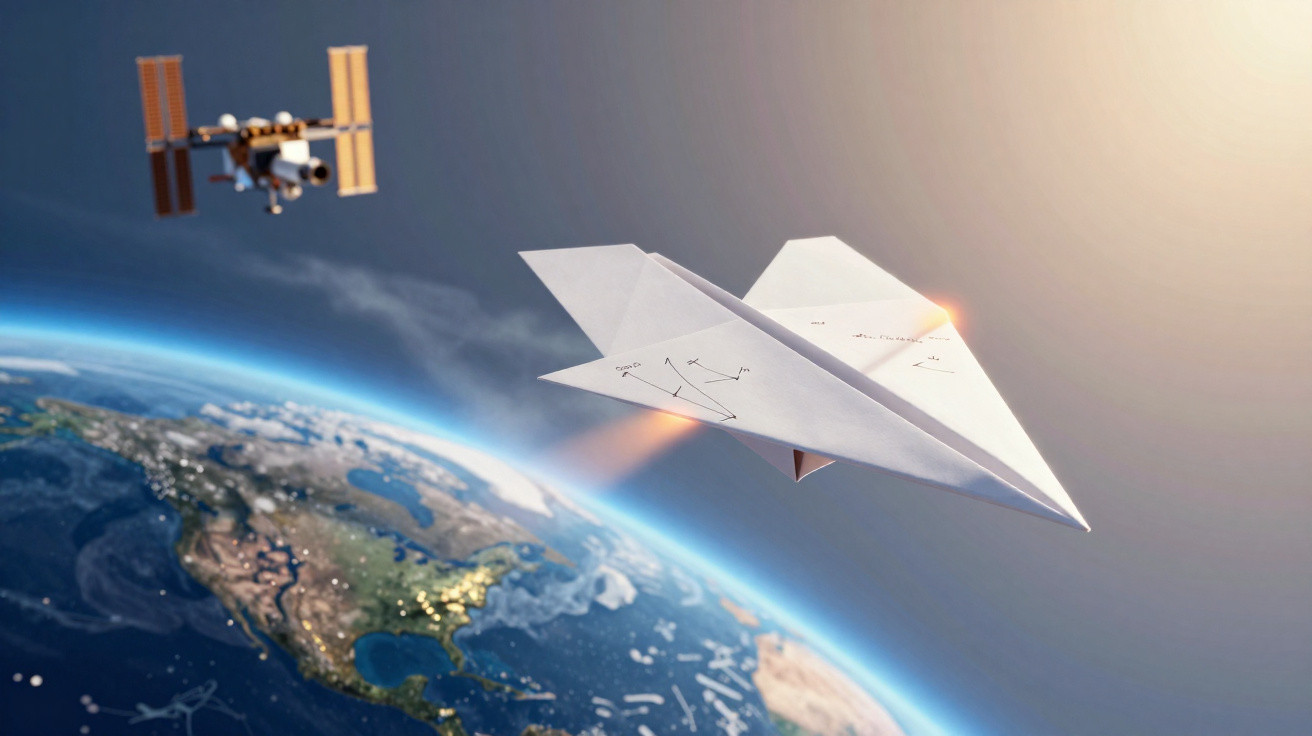 Paper plane with mathematical formulas flying above Earth near a satellite in space with sunlight in the background