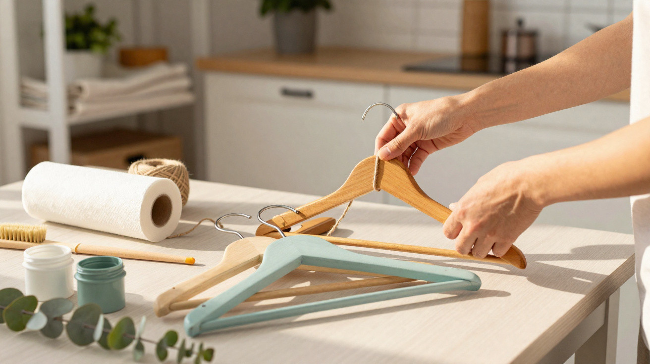 Hands holding a wooden clothes hanger over a table with paint jars, a brush, and paper towel roll in a kitchen.