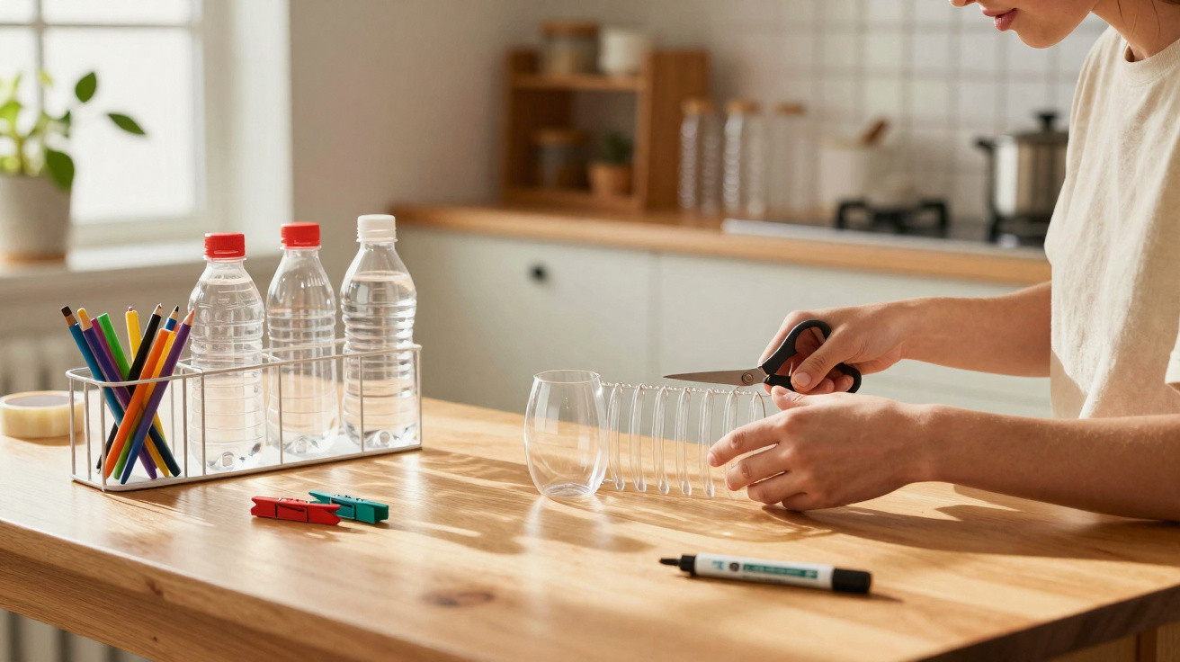 Person cutting a plastic bottle with scissors on a wooden table in a bright kitchen.