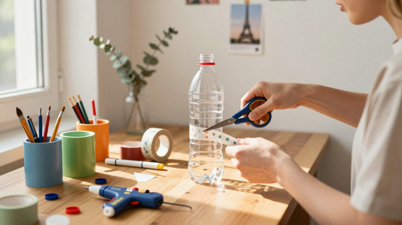 Person cutting decorative tape to apply on a clear plastic water bottle on a wooden table.
