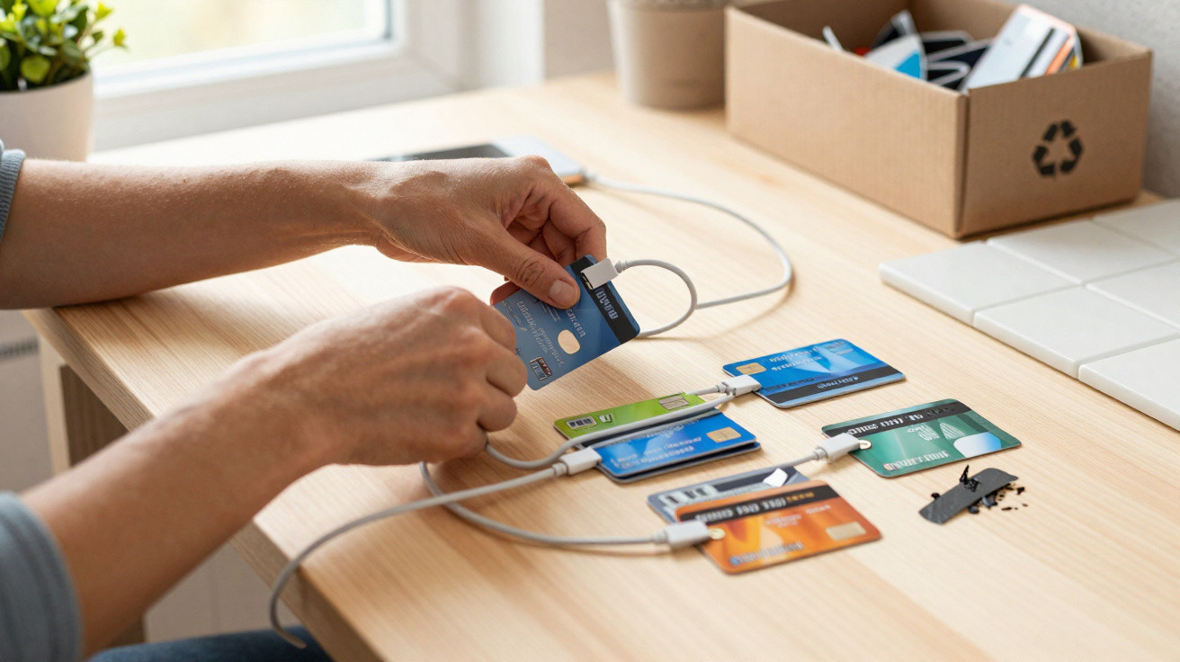 Person shredding credit cards with a card shredder on a wooden table near a window.