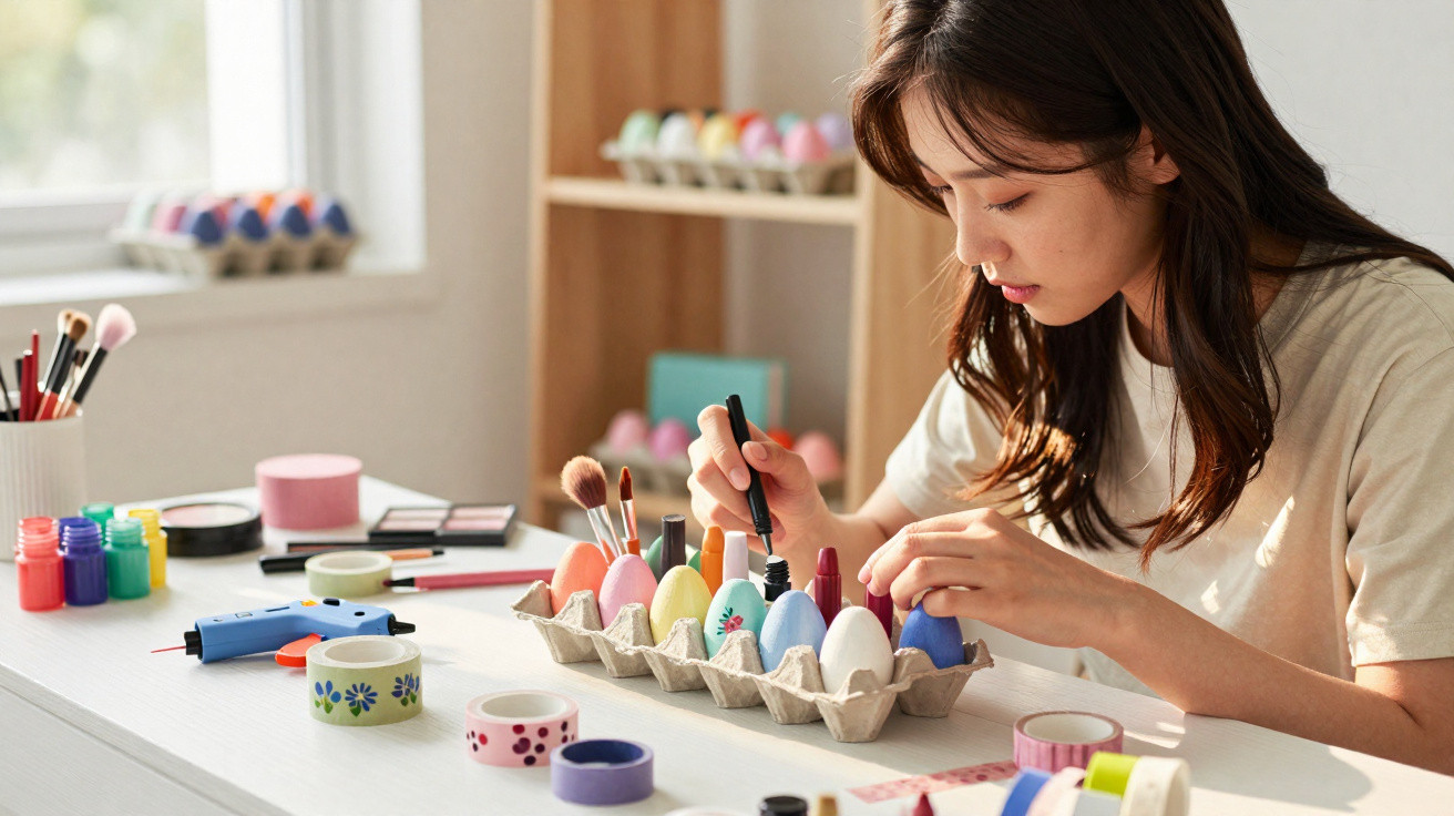 Young woman painting colourful Easter eggs in a carton on a table with craft supplies around.