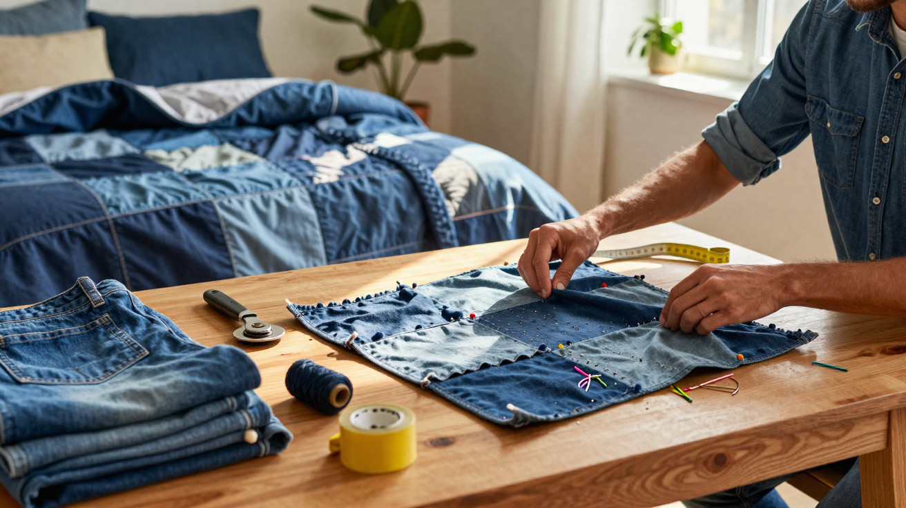 Hands sewing a blue denim patchwork cloth on a wooden table with folded jeans and sewing tools nearby.