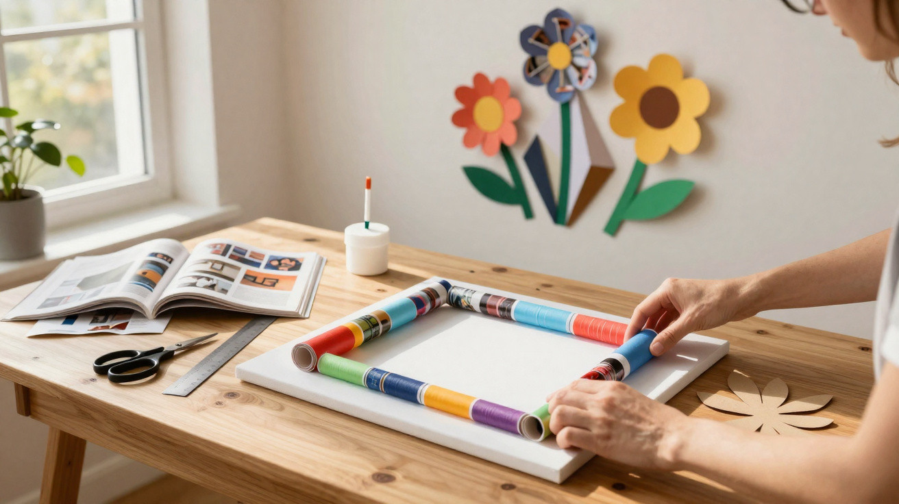 Person crafting a colourful rectangular frame with rolled paper on a wooden table with craft supplies nearby.