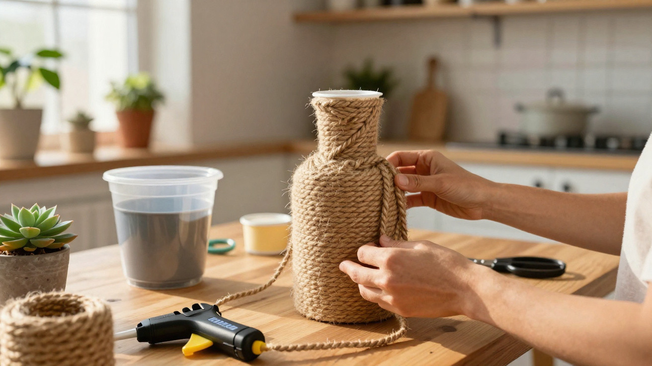 Hands wrapping a glass bottle with thick jute rope on a wooden kitchen table with crafting tools nearby.