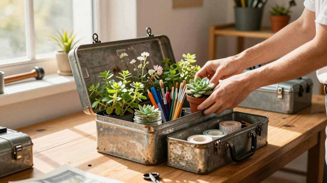 Hands arranging small potted succulent plants and stationery inside an open metal toolbox on a wooden desk.