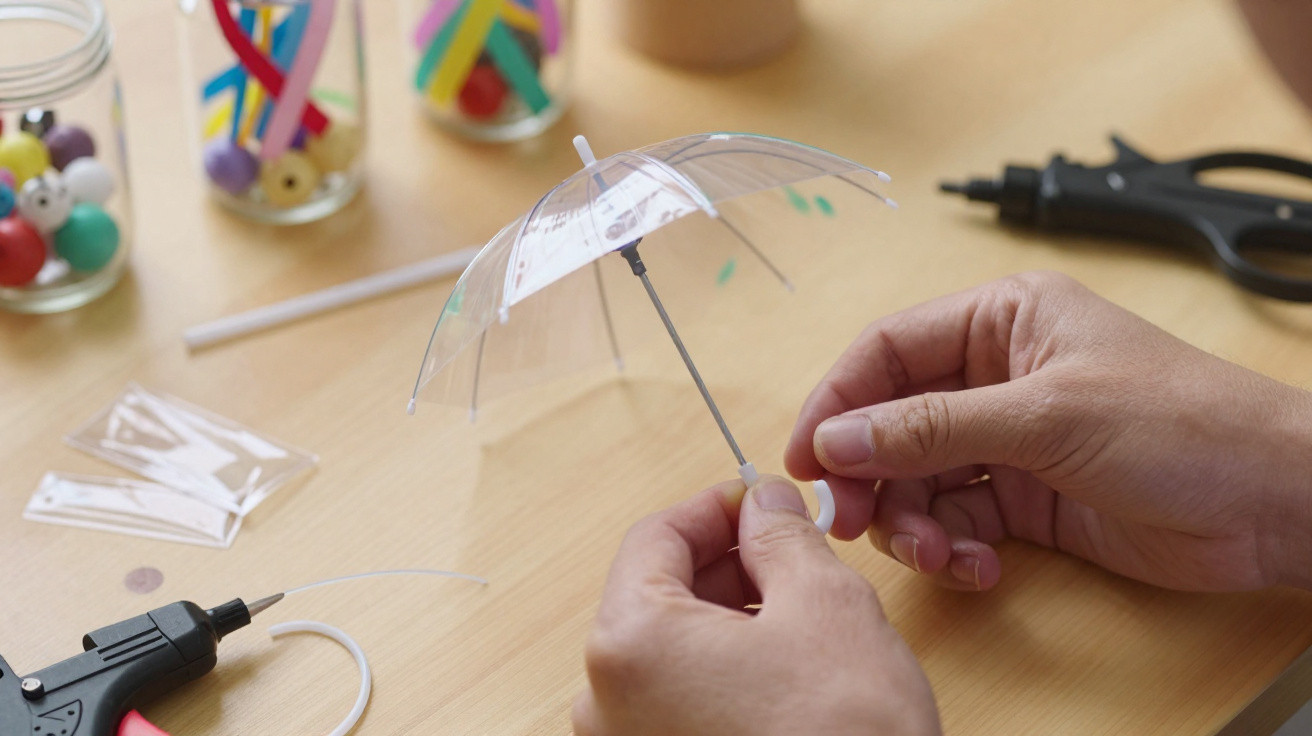 Hands assembling a miniature transparent umbrella on a wooden table with crafting tools and beads nearby.
