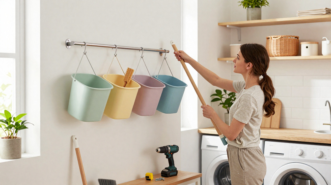 Woman organising pastel-coloured buckets hanging on a wall rack in a bright, tidy laundry room.