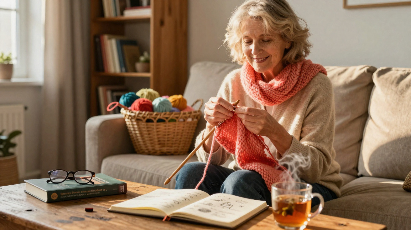 Older woman knitting an orange scarf while sitting on a sofa with books and a cup of tea on the table nearby