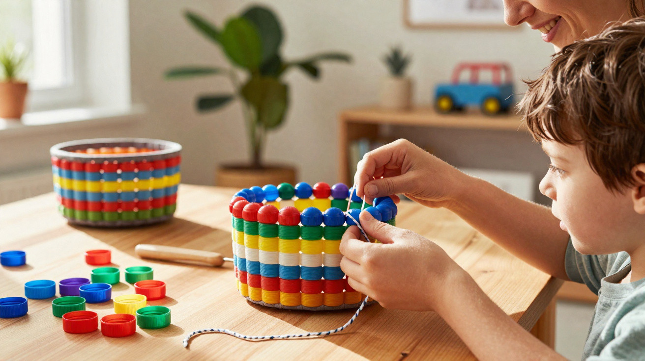 Child and adult threading coloured plastic bottle tops onto a string to make a basket at a wooden table.