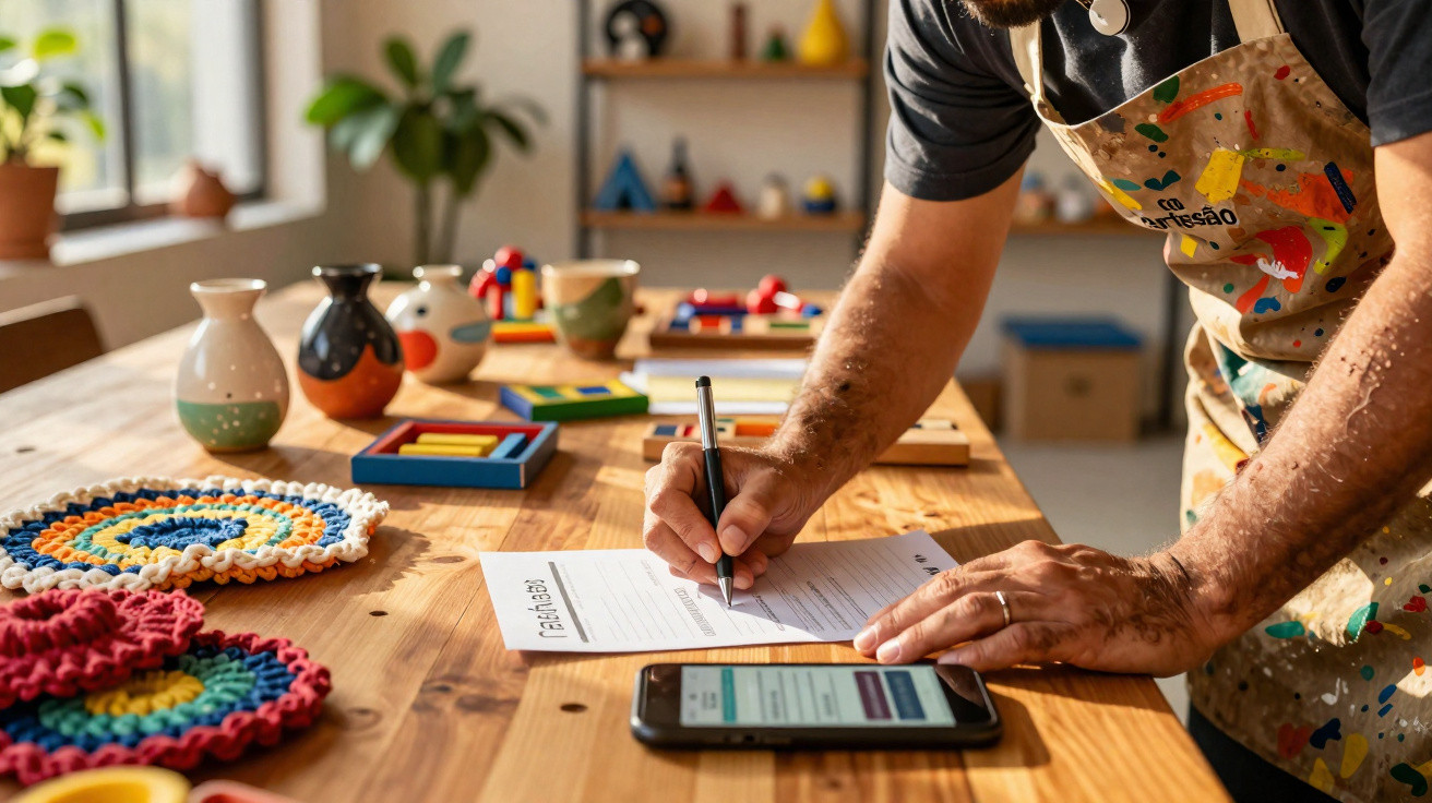 Person filling out form on wooden table with arts and crafts and smartphone nearby in bright room