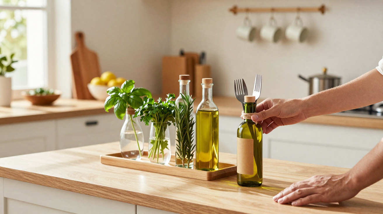 Hand twisting a fork into the cork of a green oil bottle on a wooden kitchen countertop with herbs and oils.