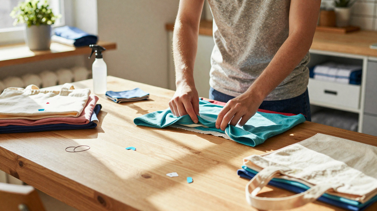 Person folding a blue t-shirt on a wooden table with other folded clothes and a spray bottle nearby.