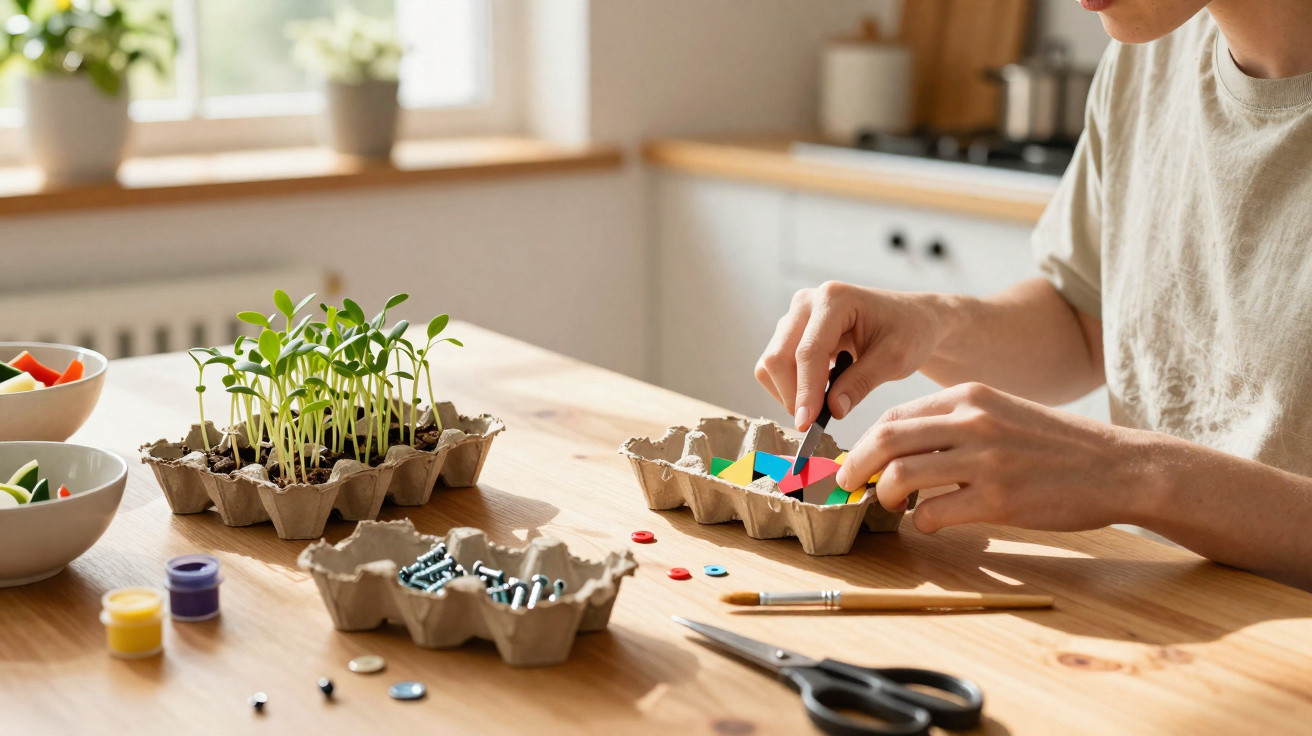 Person crafting with coloured paper and craft supplies on a wooden table by a sunny window.
