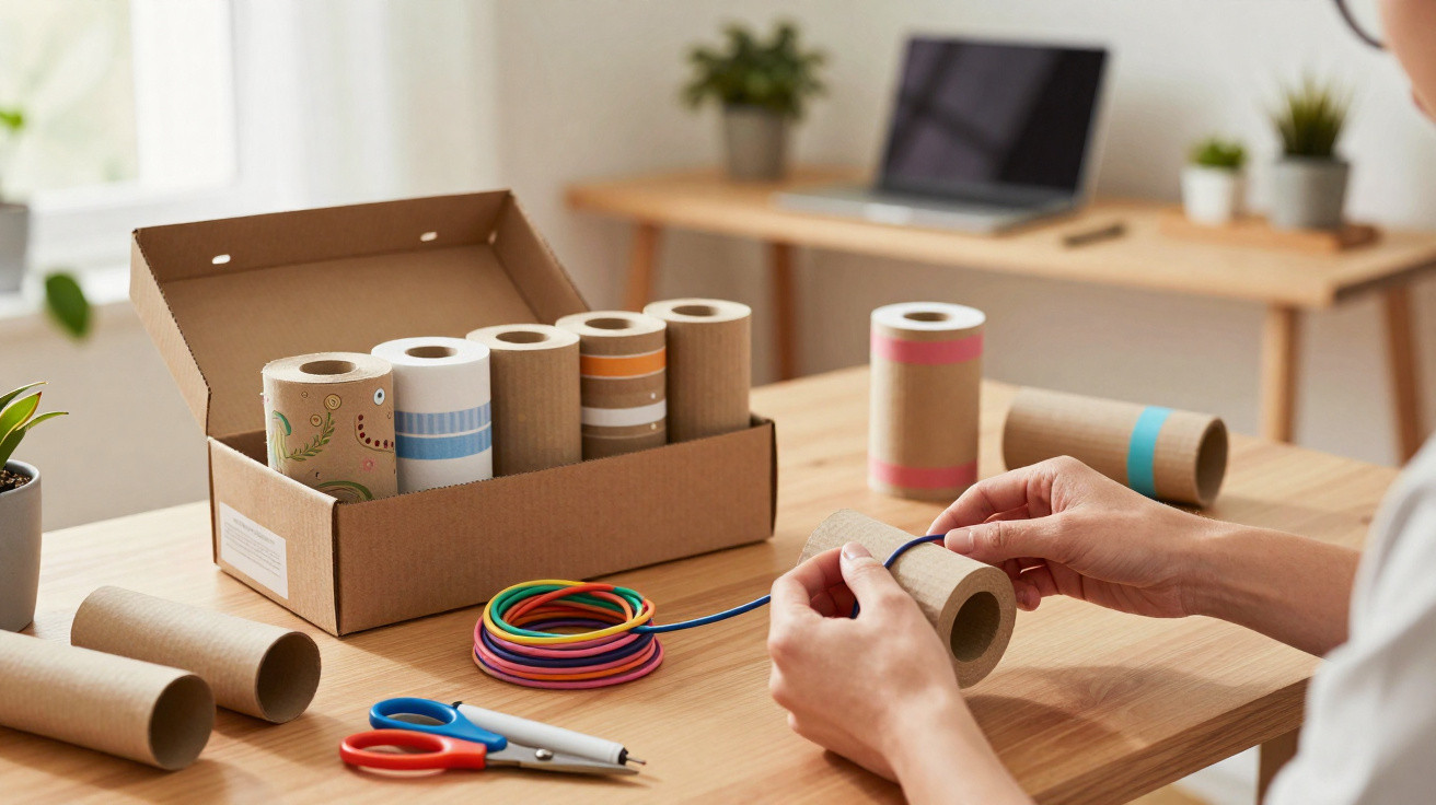 Person crafting with cardboard tubes, colourful elastic bands, and scissors on a wooden table.