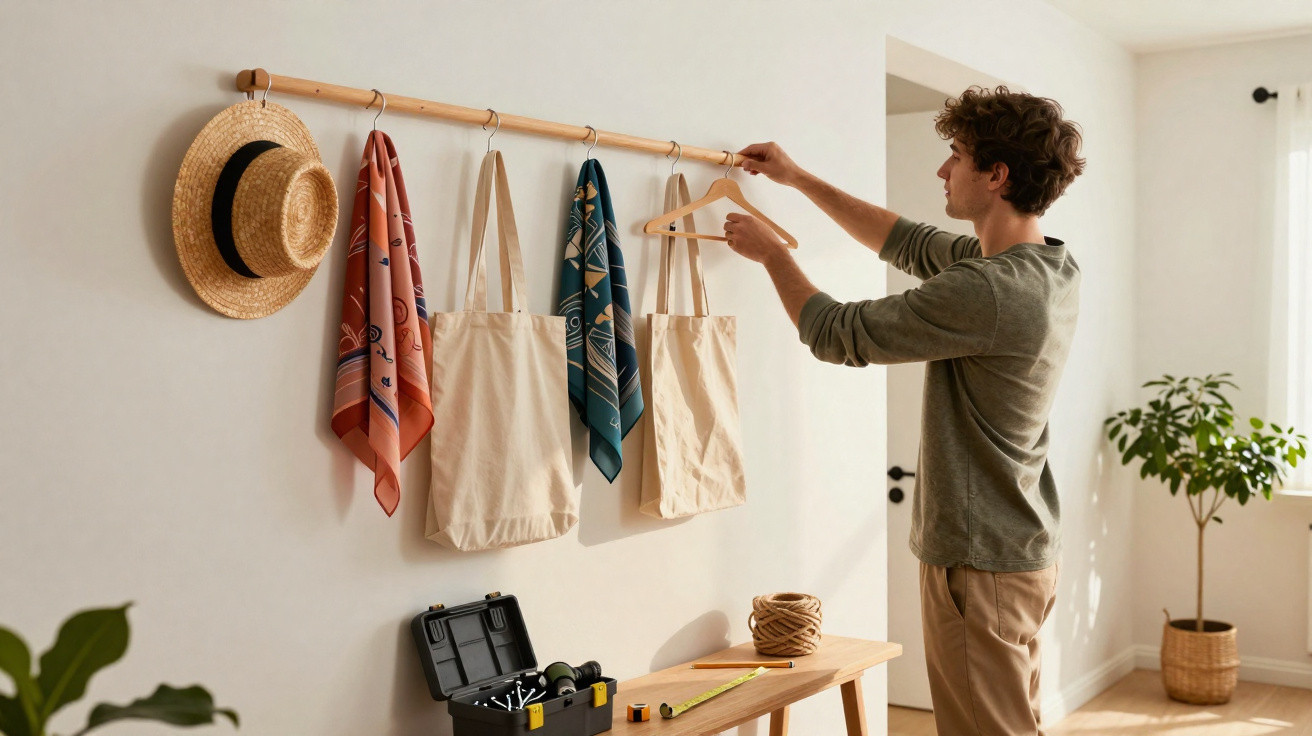 Man organising wooden coat hangers on a wall-mounted rod with hats, scarves, and bags in a bright room.