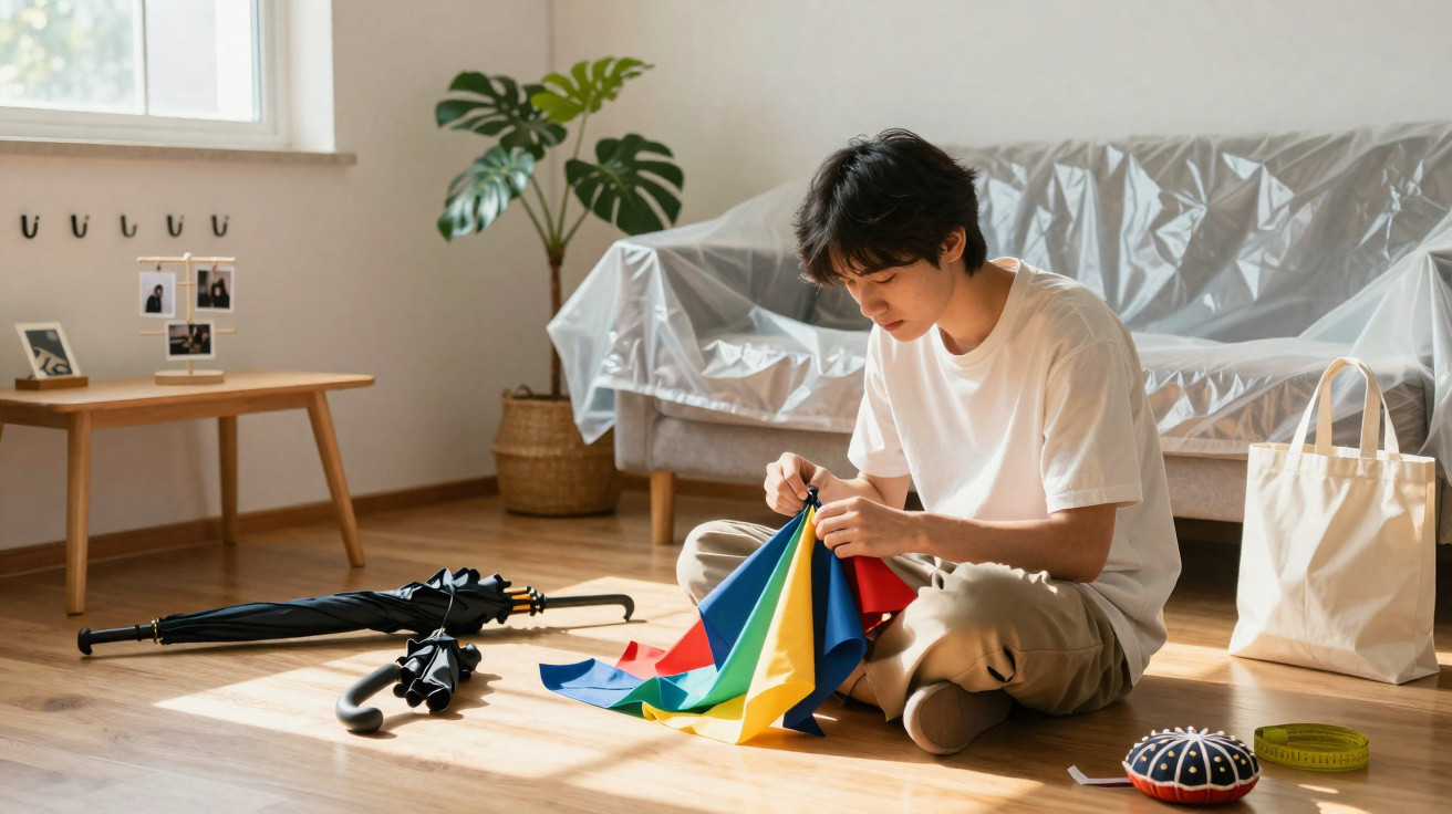 Young person sitting on wooden floor mending a colourful umbrella in a sunlit living room.