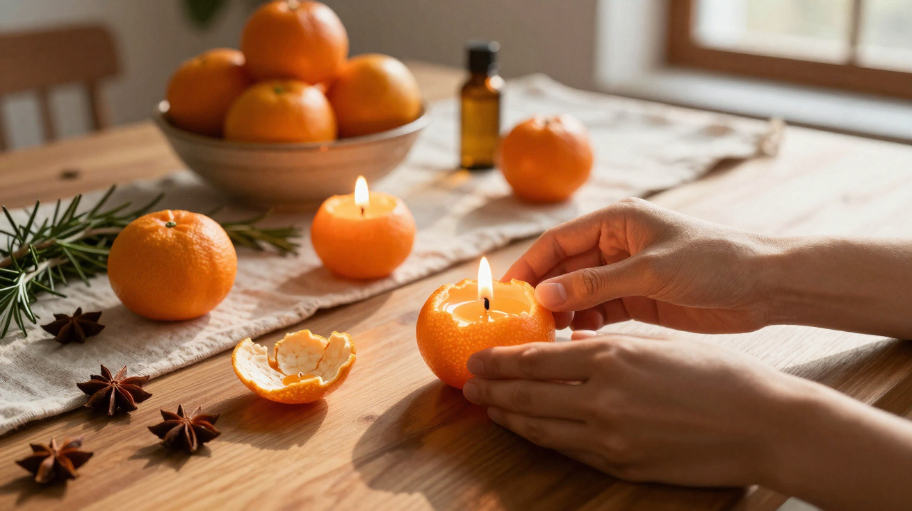 Hands placing a lit candle made inside a hollowed orange on a wooden table with oranges and star anise.