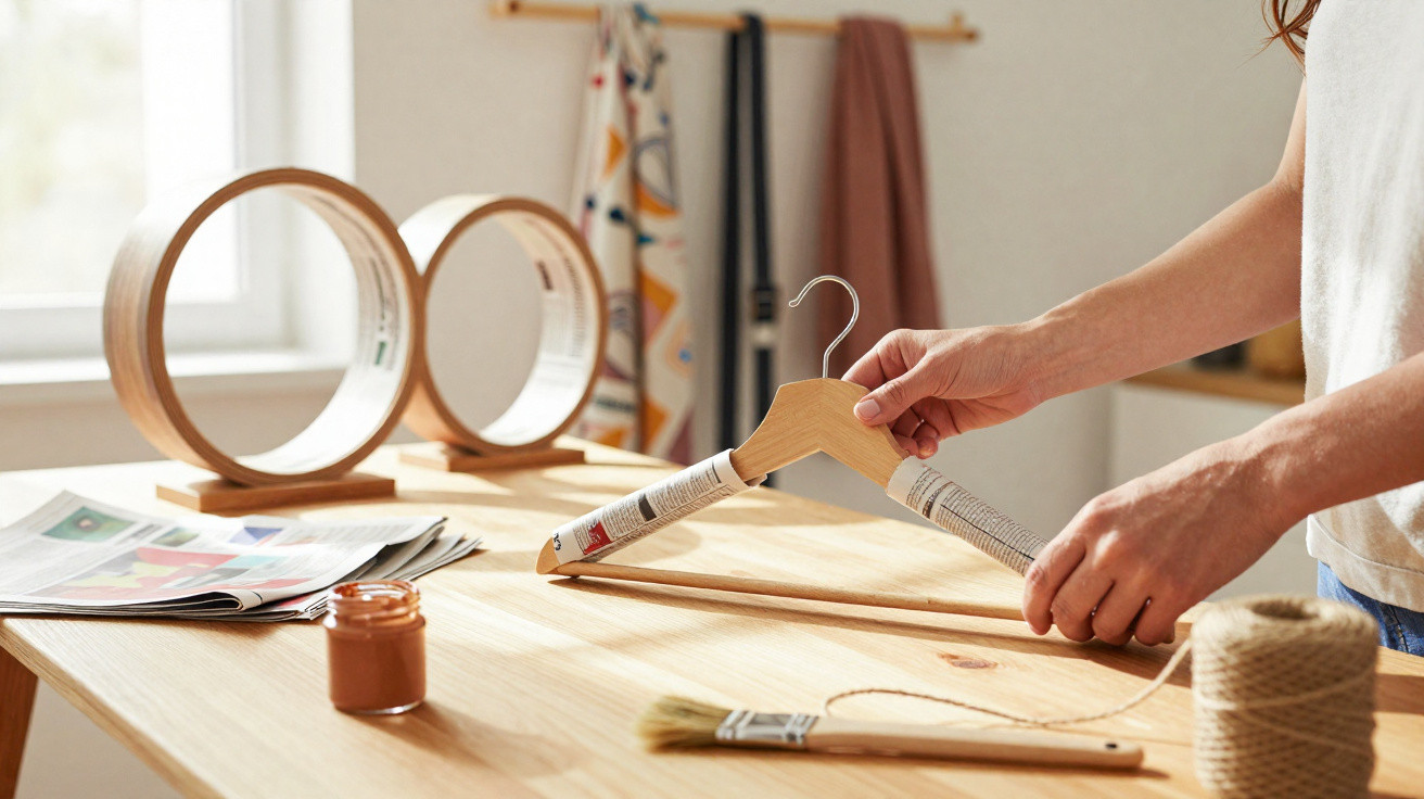 Person wrapping a wooden hanger with newspaper on a wooden table with craft supplies in sunlight.