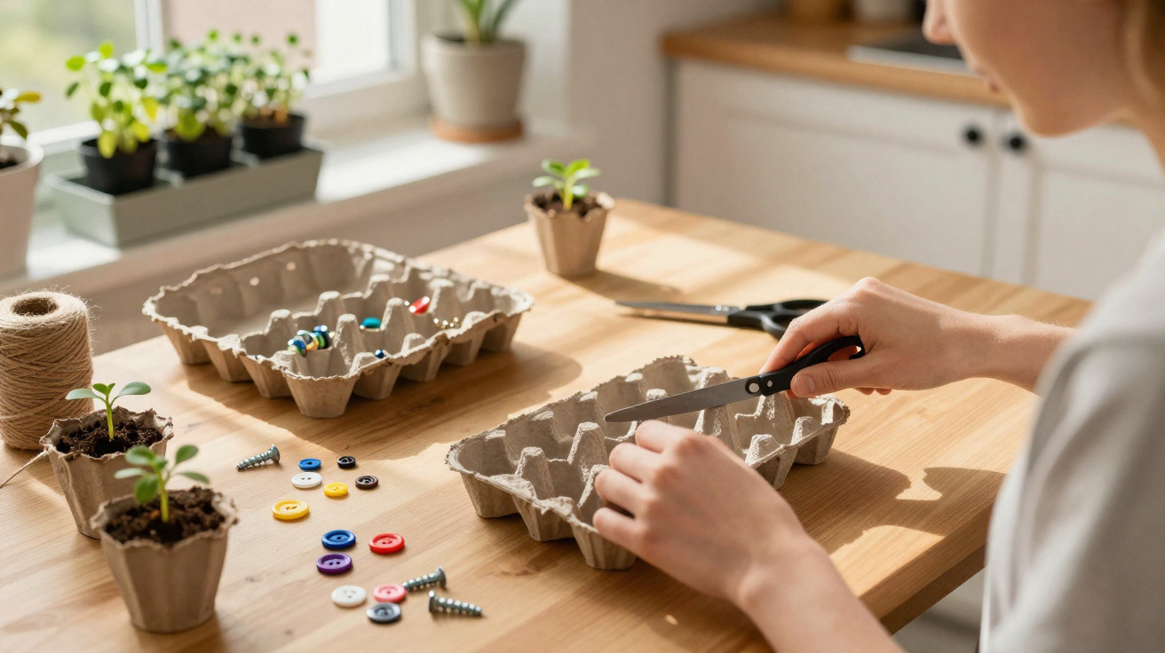 Person cutting a cardboard egg carton on a wooden table with scattered buttons, screws, and small potted plants.