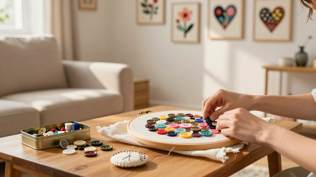 Person arranging colourful buttons on fabric stretched in an embroidery hoop on a wooden table.