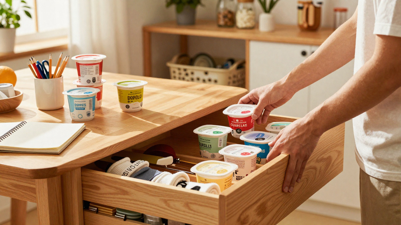Person organising multiple colourful yogurt pots in a wooden kitchen drawer next to a desk with stationery and a notebook.