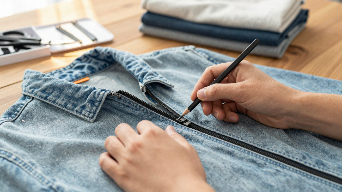 Person marking a zipper on a blue denim jacket with a pencil on a wooden table.