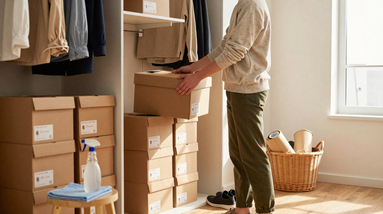 Person organising cardboard storage boxes inside a wardrobe in a bright room with a wicker basket nearby.