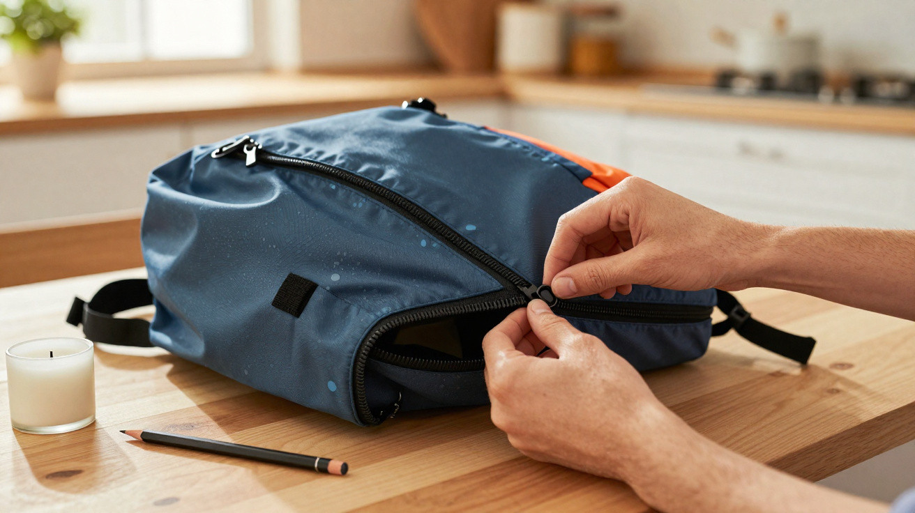 Hands opening a dark blue zippered bag on a wooden table with a pencil and candle nearby in a bright room.