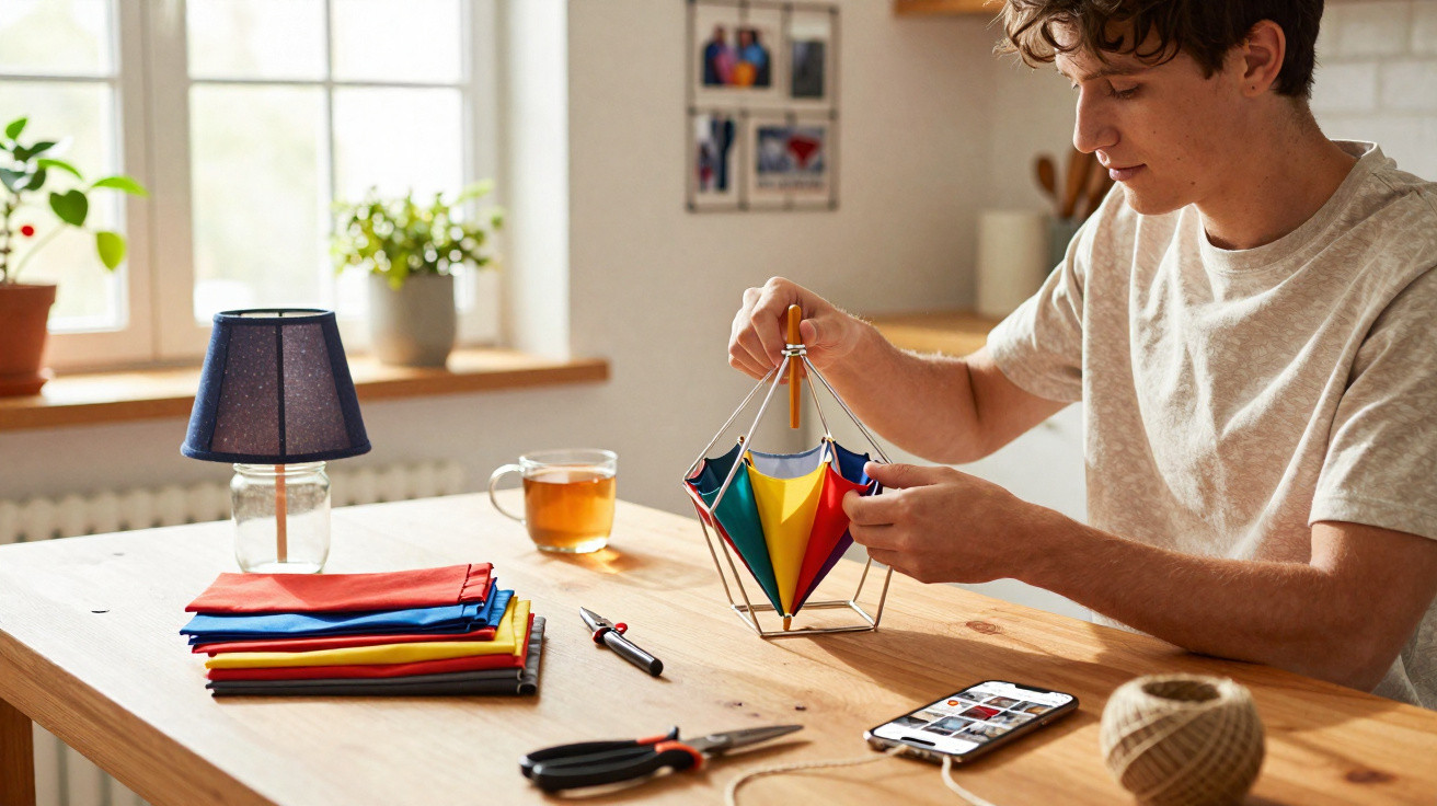 Young man assembling a colourful lamp shade at a wooden table in a sunlit room.
