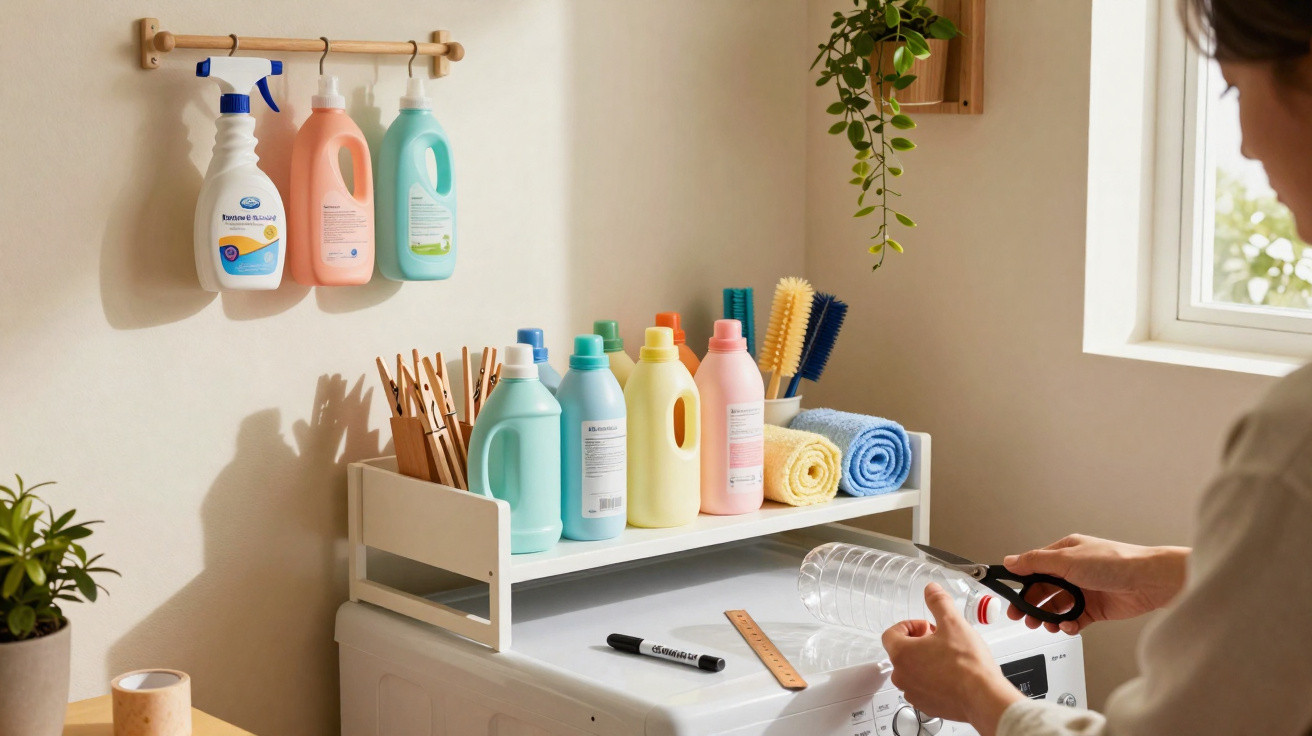 Person cutting a plastic bottle beside a white washing machine with cleaning supplies neatly organised above it.