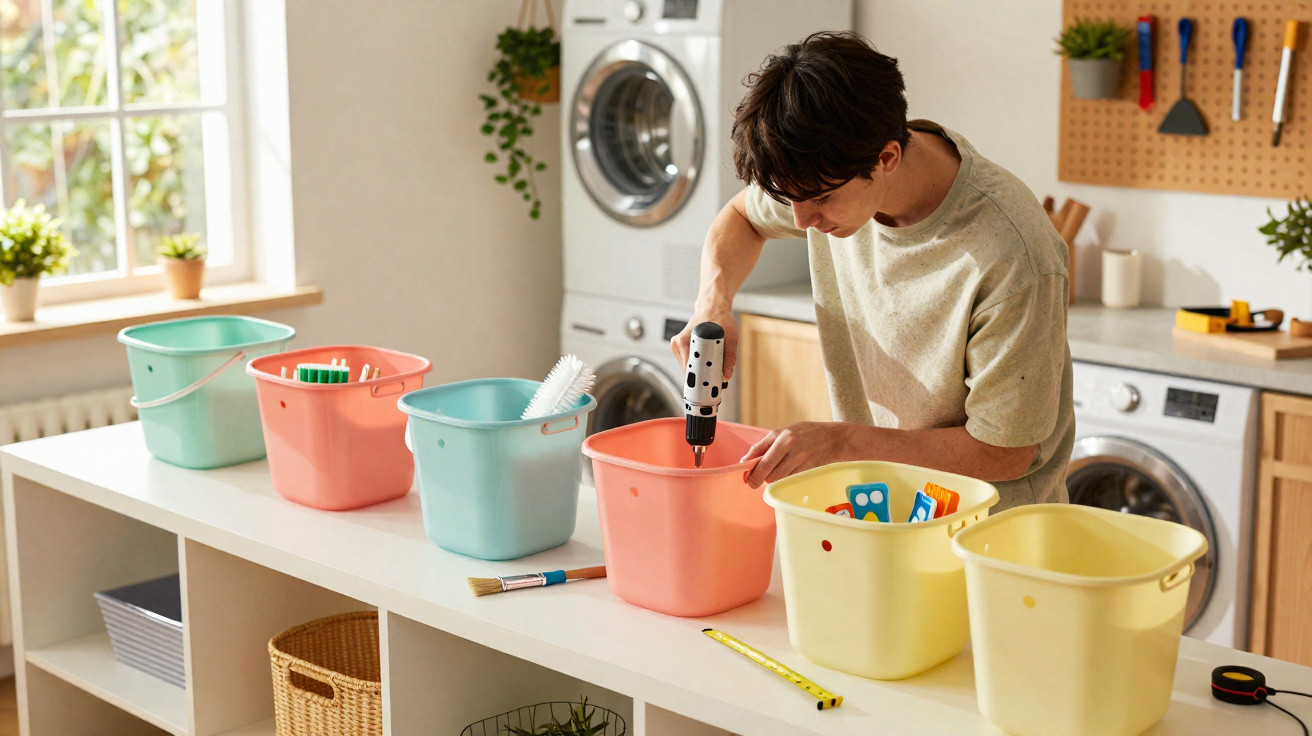 Person using a drill on a pink plastic bucket, with several colourful buckets and cleaning tools on a white counter.