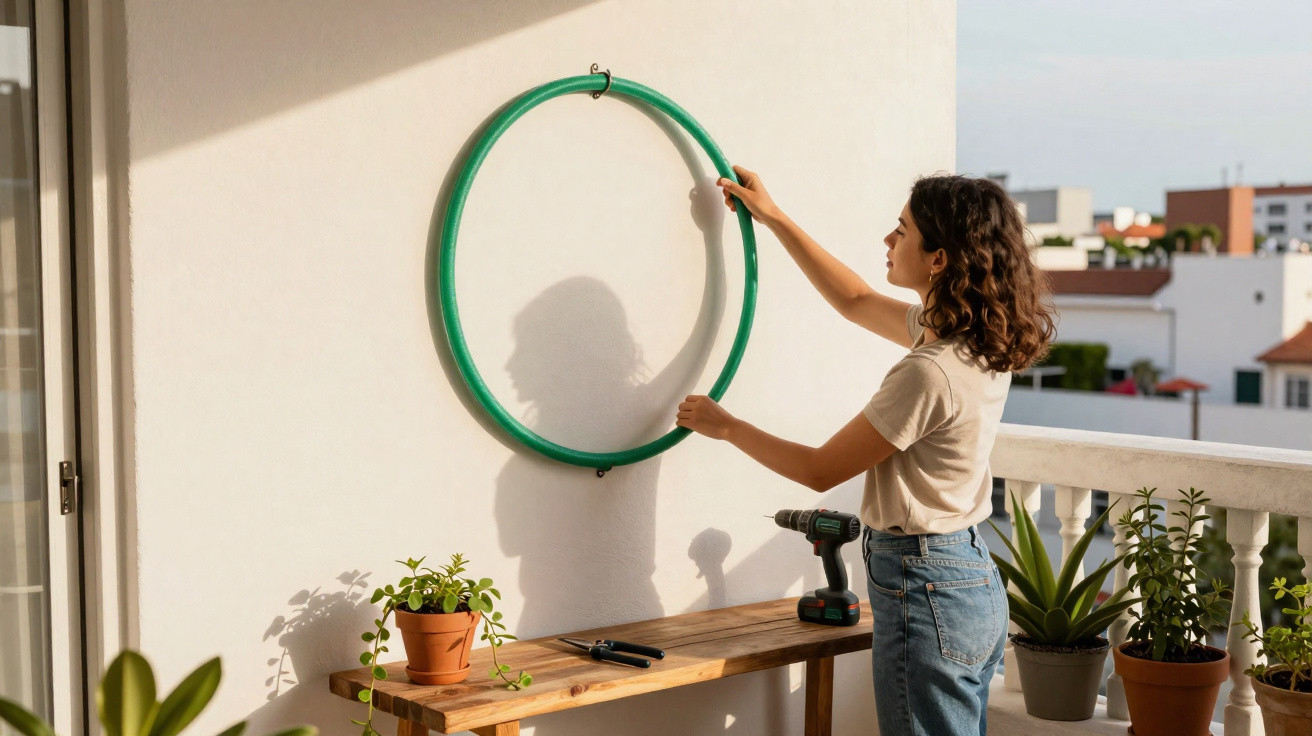 Woman hanging a green hoop on a sunlit white wall on a balcony with potted plants and a drill on a wooden bench.