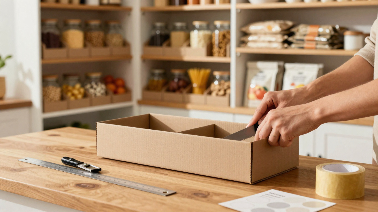 Person assembling a cardboard box with dividers on a wooden table in a pantry or storage room.