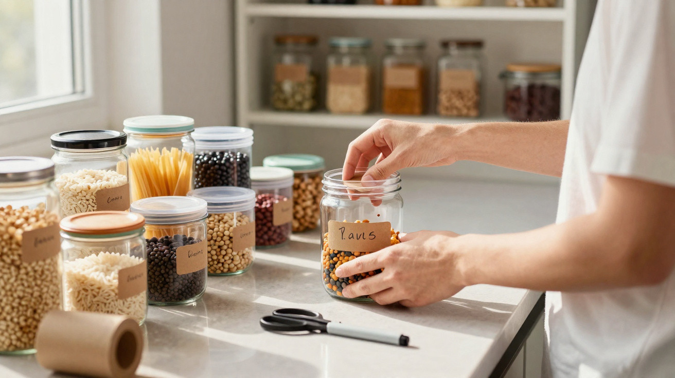 Person organising various labelled jars of dried beans and pasta on a kitchen counter in natural light.