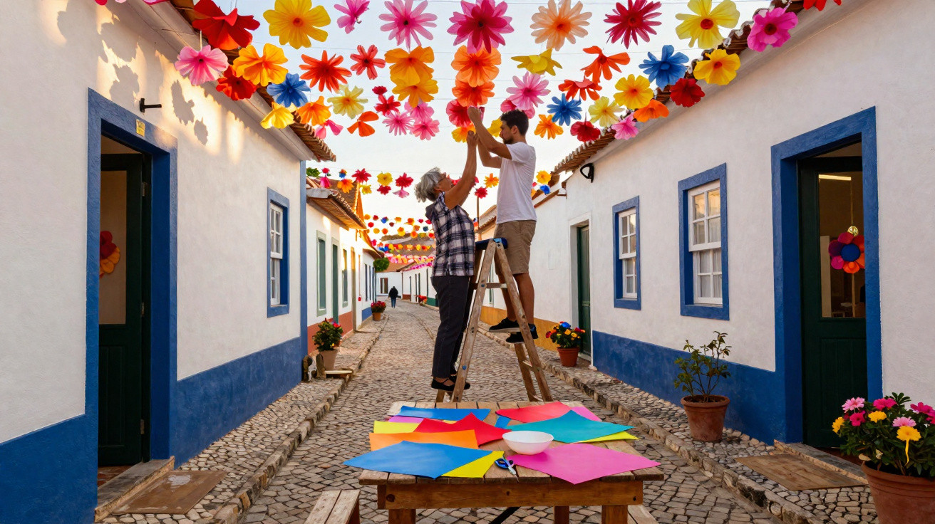 Two people decorate a cobblestone street with colourful paper flowers hanging between white houses.