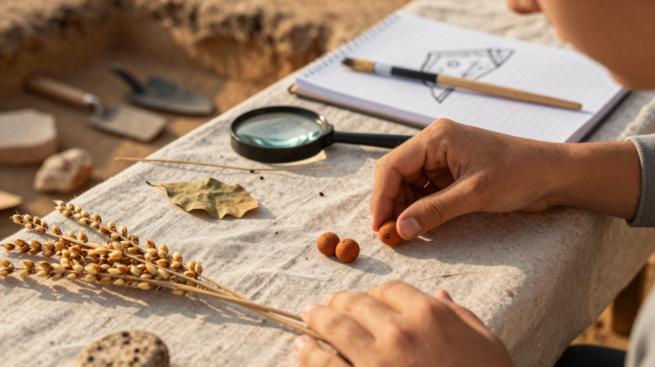 Person examining ancient clay beads on a cloth with wheat stalks, magnifying glass, and notebook nearby.