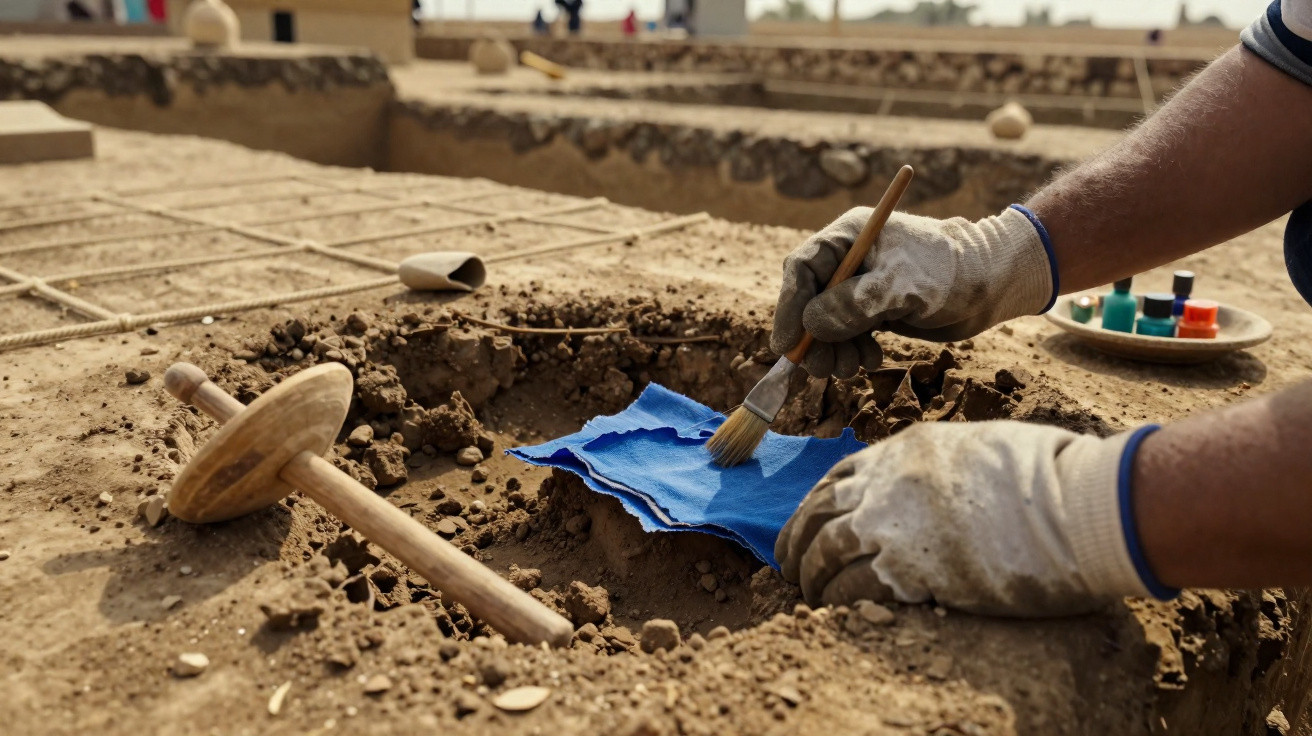 Archaeologist wearing gloves carefully brushing dirt at an excavation site with wooden tool nearby.