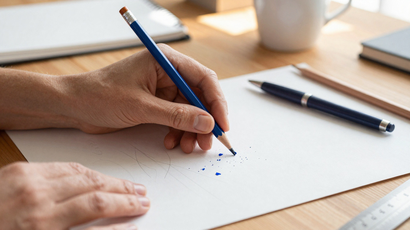 Close-up of a person sharpening a blue pencil on a blank sheet of paper at a wooden desk.