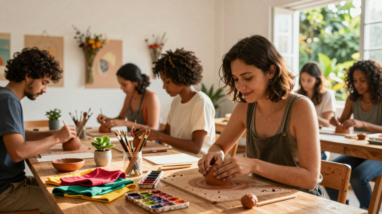 Group of young adults focused on pottery making and painting in a bright art studio.